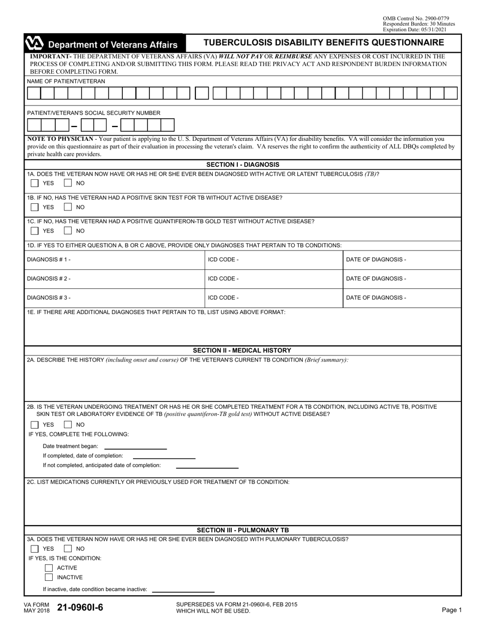 VA Form 21-0960I-6 Tuberculosis Disability Benefits Questionnaire, Page 1