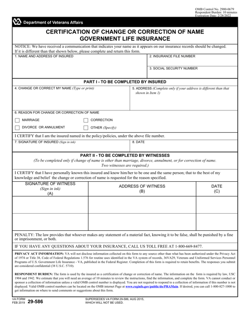 VA Form 29-586  Printable Pdf