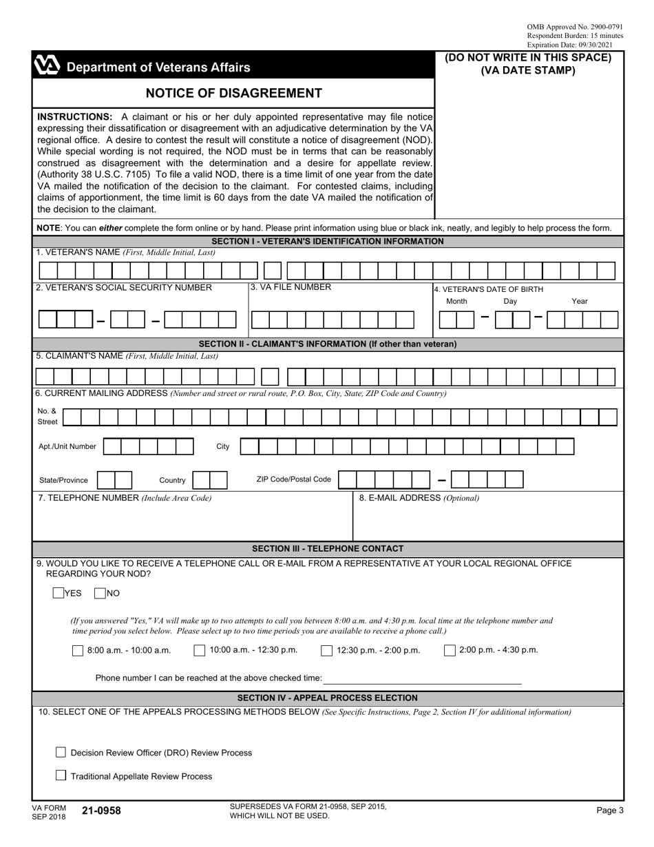 VA Form 21-0958 - Fill Out, Sign Online and Download Fillable PDF ...