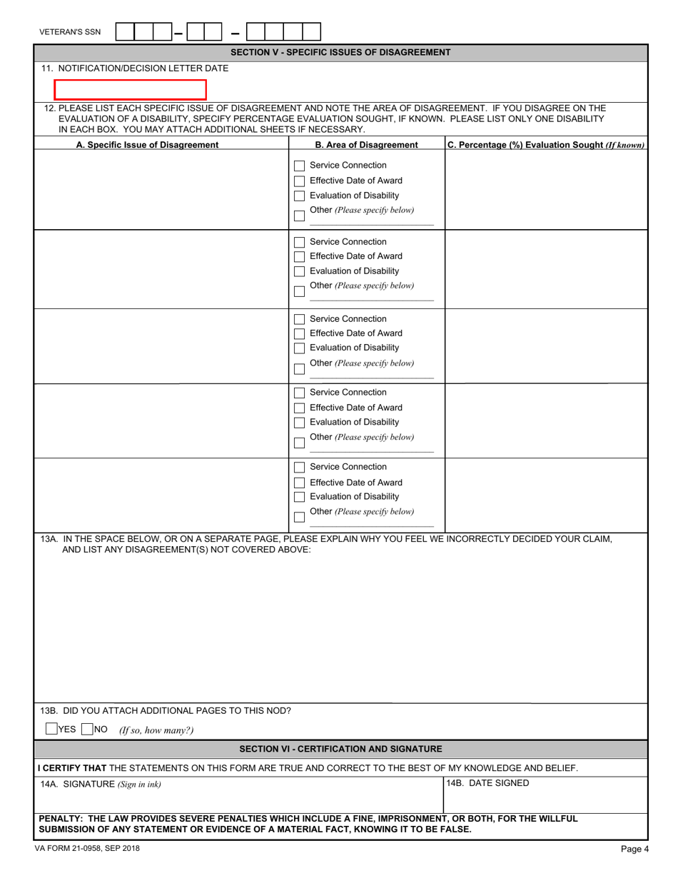 VA Form 21-0958 Notice of Disagreement, Page 4