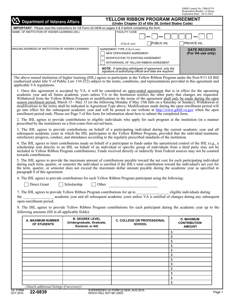 VA Form 22-0839 Yellow Ribbon Program Agreement, Page 1