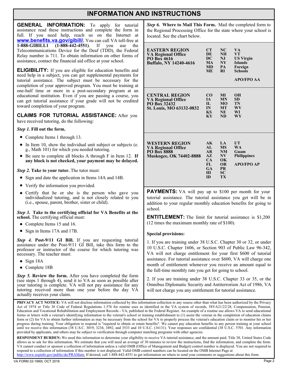 VA Form 22-1990T Application for Individualized Tutorial Assistance, Page 2