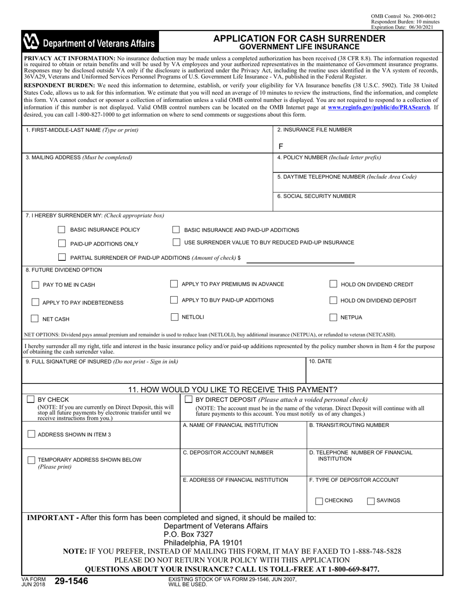 VA Form 29-1546 Application for Cash Surrender Government Life Insurance, Page 1