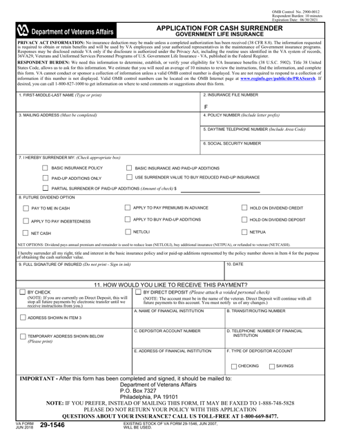VA Form 29-1546 Application for Cash Surrender Government Life Insurance