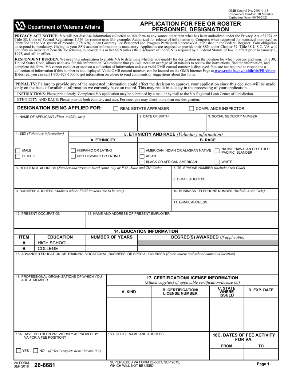 VA Form 26-6681 Application for Fee or Roster Personnel Designation, Page 1