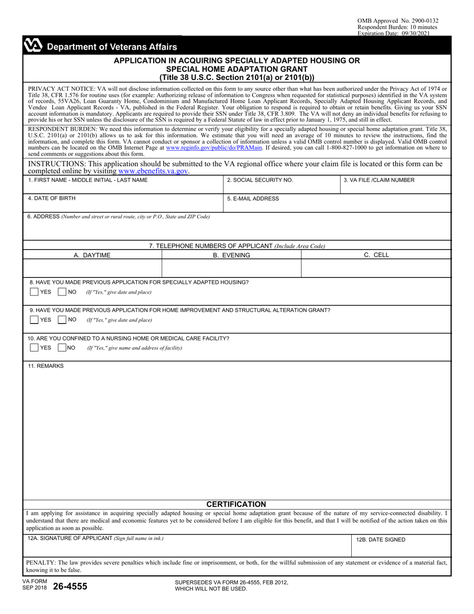 VA Form 26-4555 Application in Acquiring Specially Adapted Housing or Special Home Adaptation Grant (Title 38 U.s.c. Section 2101(A) or 2101(B)), Page 1