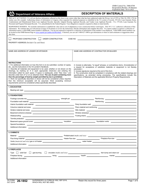 VA Form 26-1852  Printable Pdf