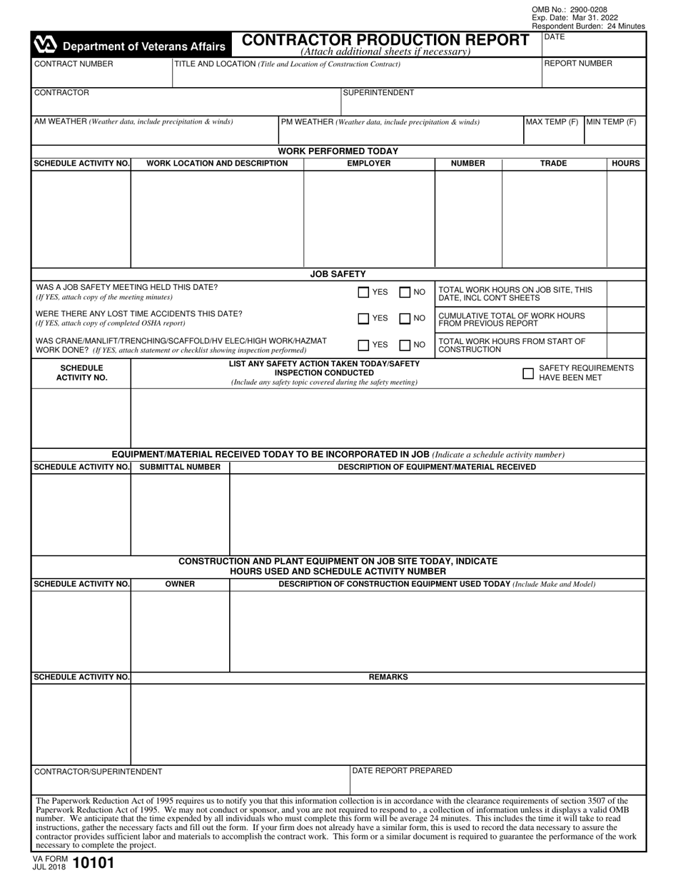VA Form 10101 Contractor Production Report, Page 1