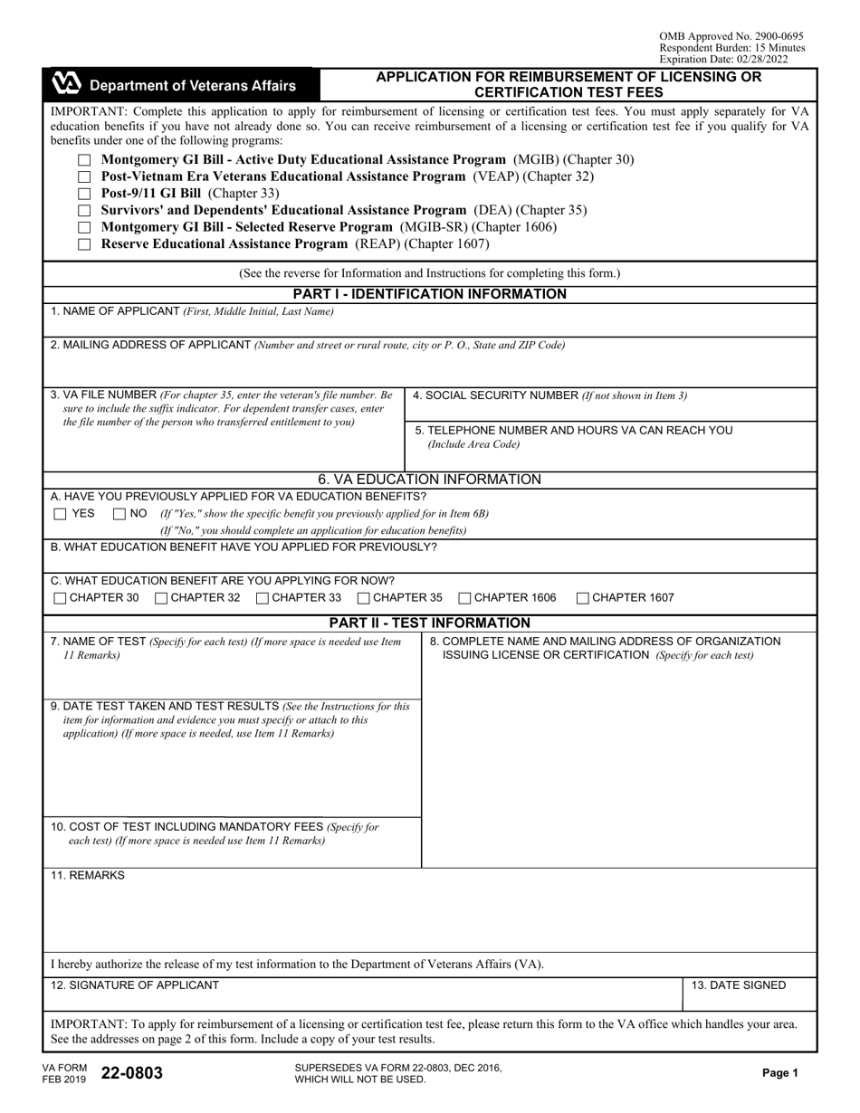 VA Form 22-0803 Application for Reimbursement of Licensing or Certification Test Fees, Page 1