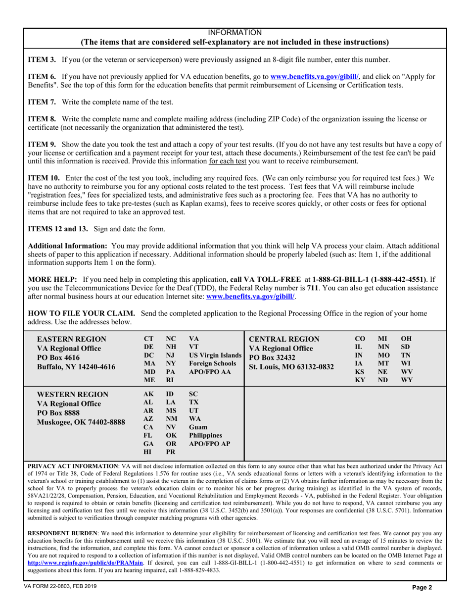 VA Form 22-0803 Application for Reimbursement of Licensing or Certification Test Fees, Page 2