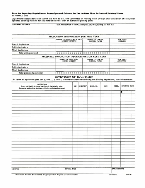 JCP Form 3 Form for Reporting Acquisition of Power-Operated Collators for Use in Other Than Authorized Printing Plants