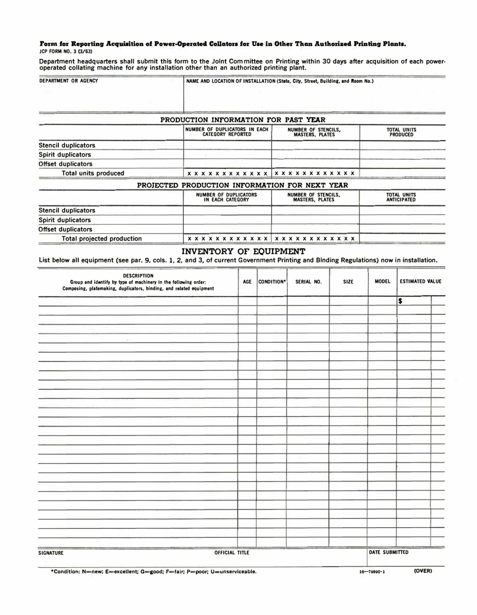 JCP Form 3 Form for Reporting Acquisition of Power-Operated Collators for Use in Other Than Authorized Printing Plants, Page 1