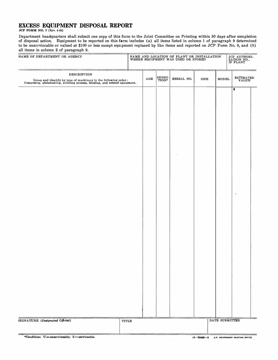 JCP Form 7 Excess Equipment Disposal Report, Page 1