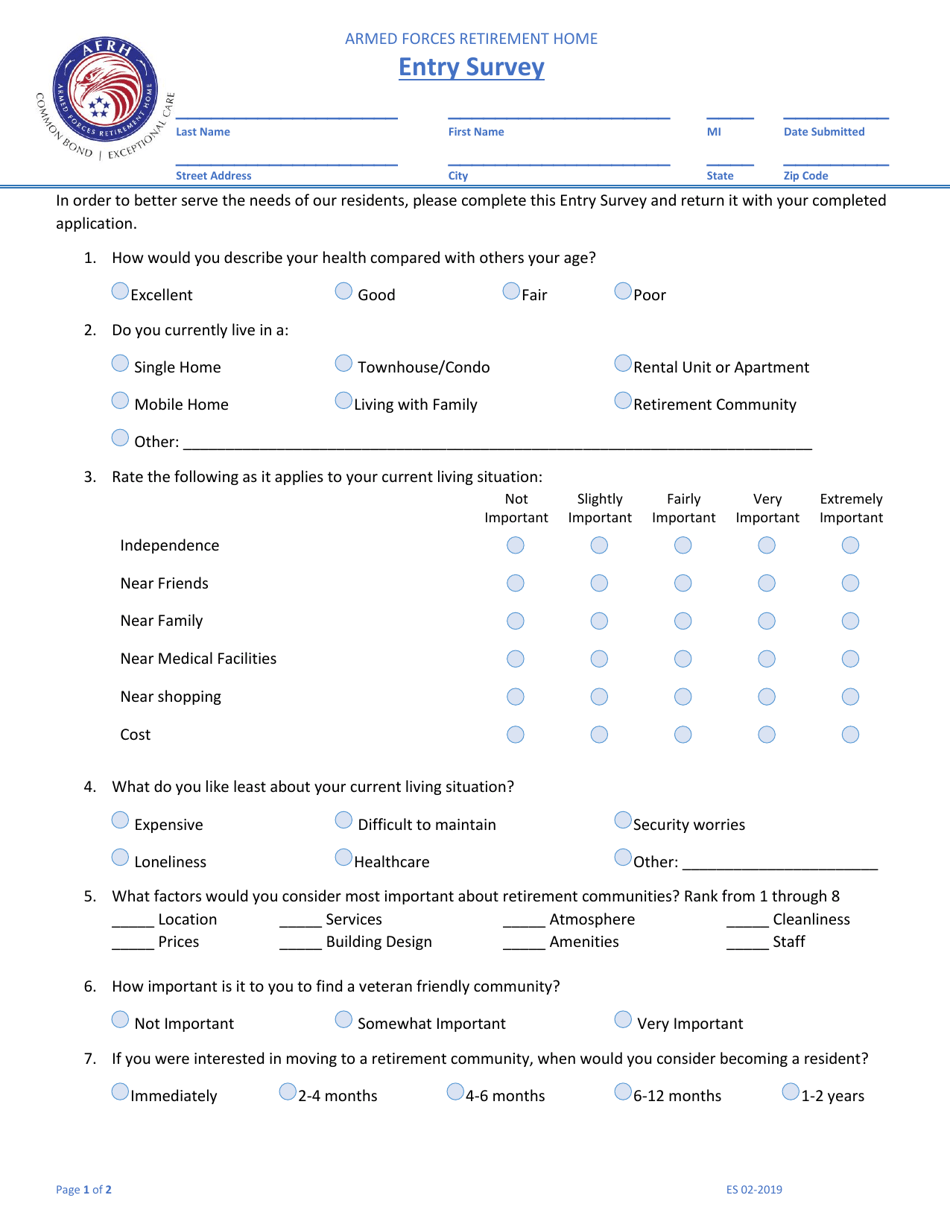 Form ES Entry Survey, Page 1