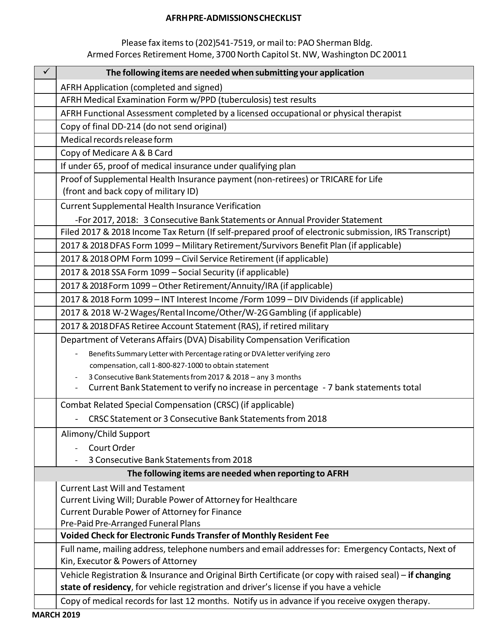 Afrh Pre-admissions Checklist Download Pdf