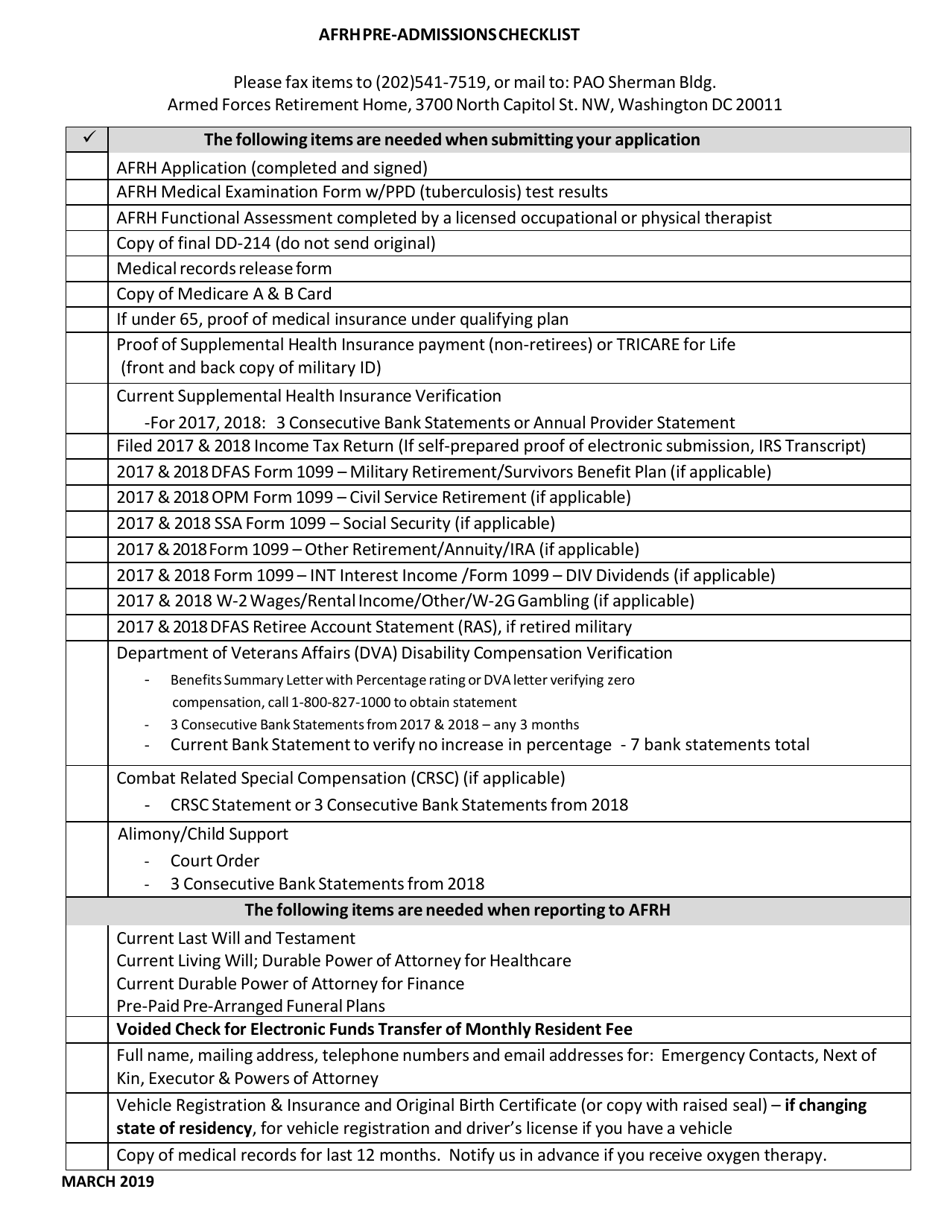 Afrh Pre-admissions Checklist, Page 1