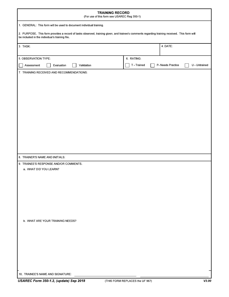 USAREC Form 350-1.2 Training Record, Page 1
