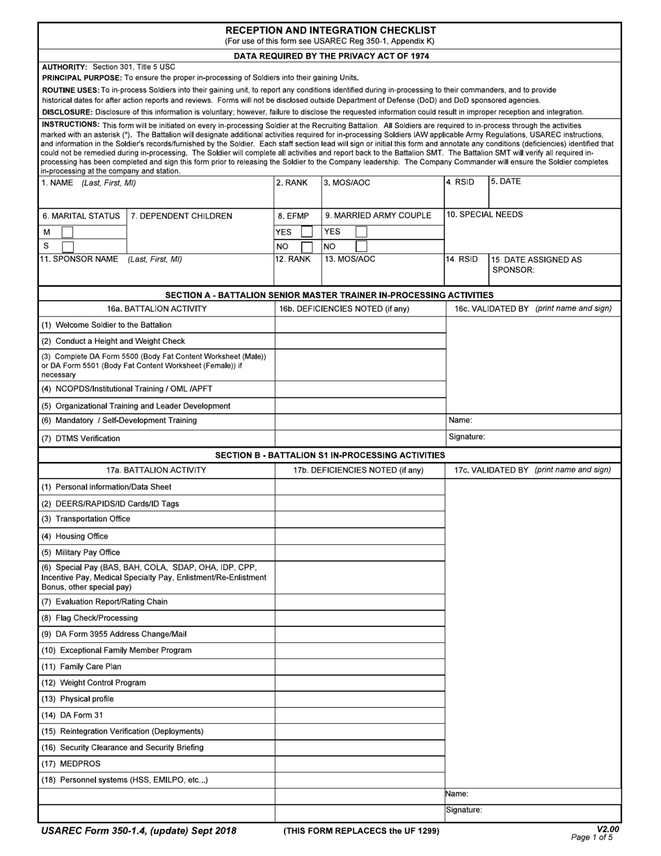 USAREC Form 350-1.4 Reception and Integration Checklist, Page 1