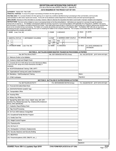 USAREC Form 350-1.4 Reception and Integration Checklist