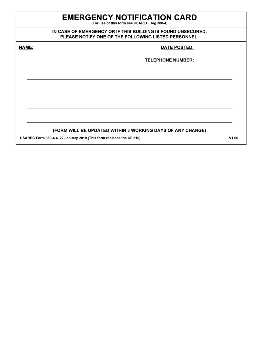 USAREC Form 380-4.4 Emergency Notification Card, Page 1