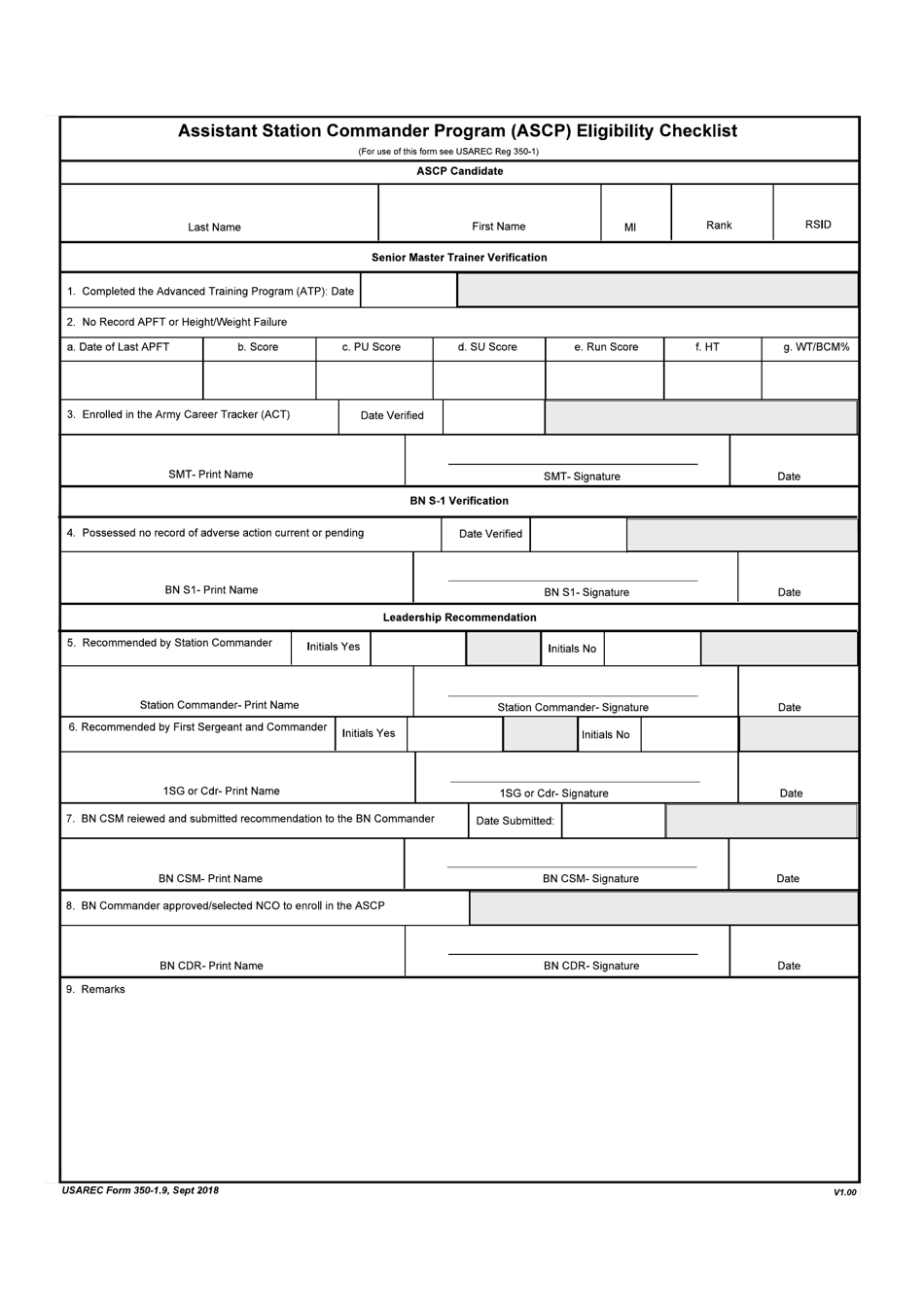 USAREC Form 350-1.9 Assistant Station Commander Program (Ascp) Eligibility Checklist, Page 1