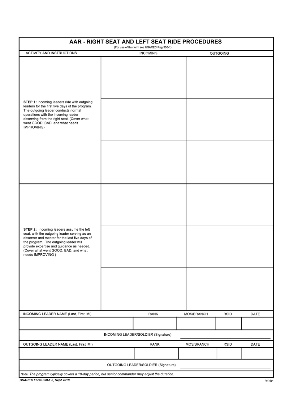 USAREC Form 350-1.8 AAR - Right Seat and Left Seat Ride Procedures, Page 1