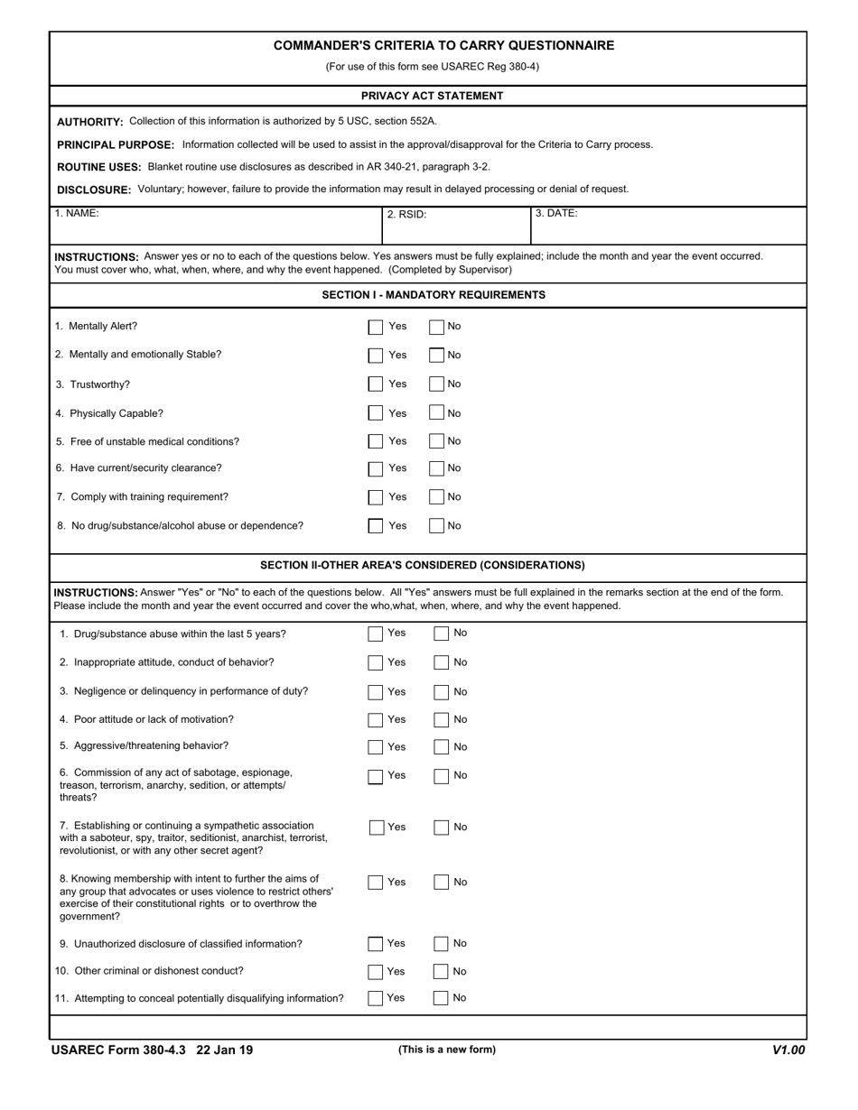 USAREC Form 380-4.3 Commanders Criteria to Carry Questionnaire, Page 1