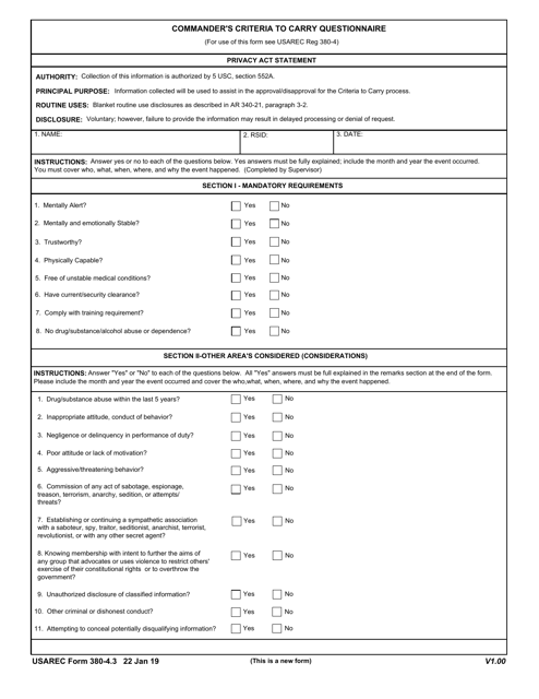 USAREC Form 380-4.3 Commander's Criteria to Carry Questionnaire