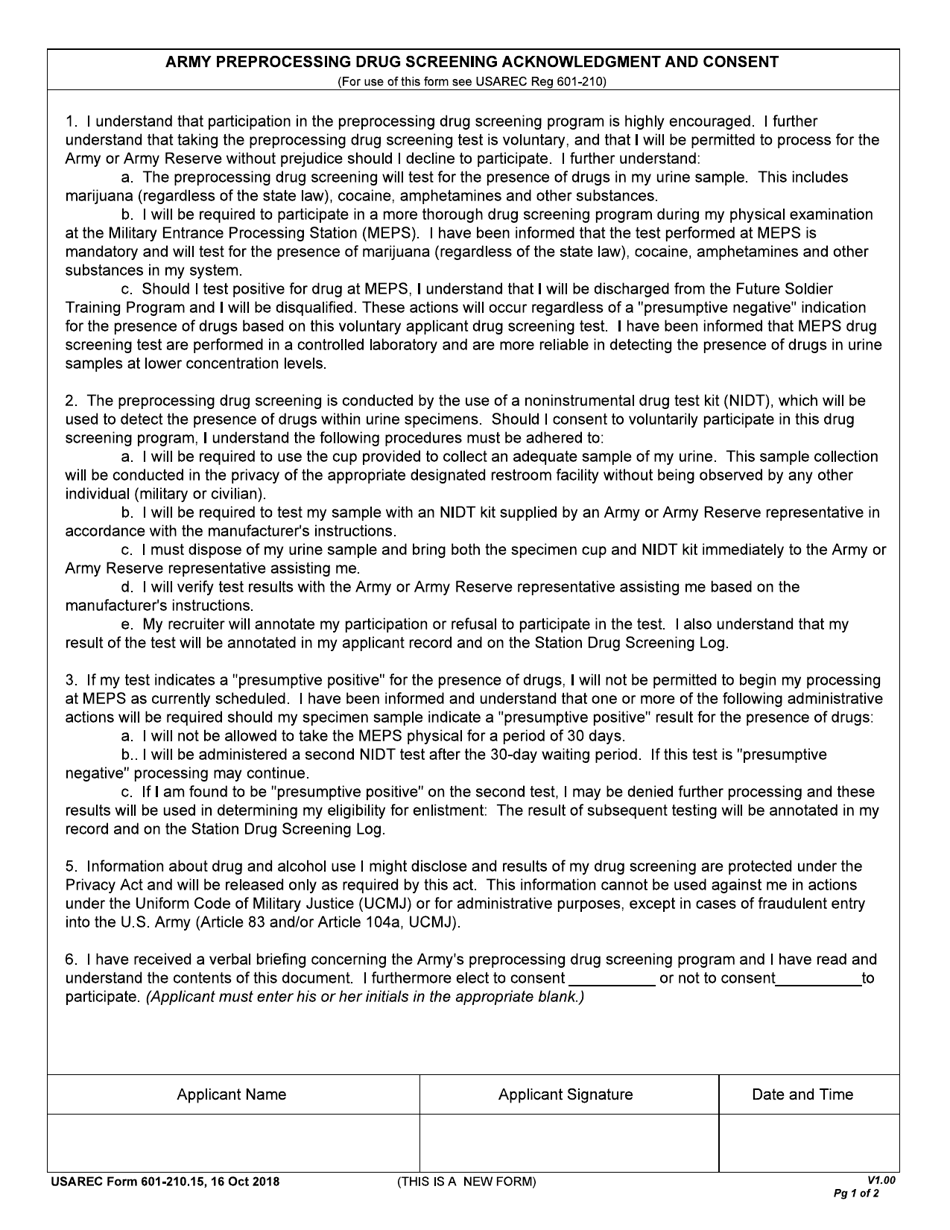 USAREC Form 601-210.15 Army Pre-processing Drug Screening Acknowledgment and Consent, Page 1