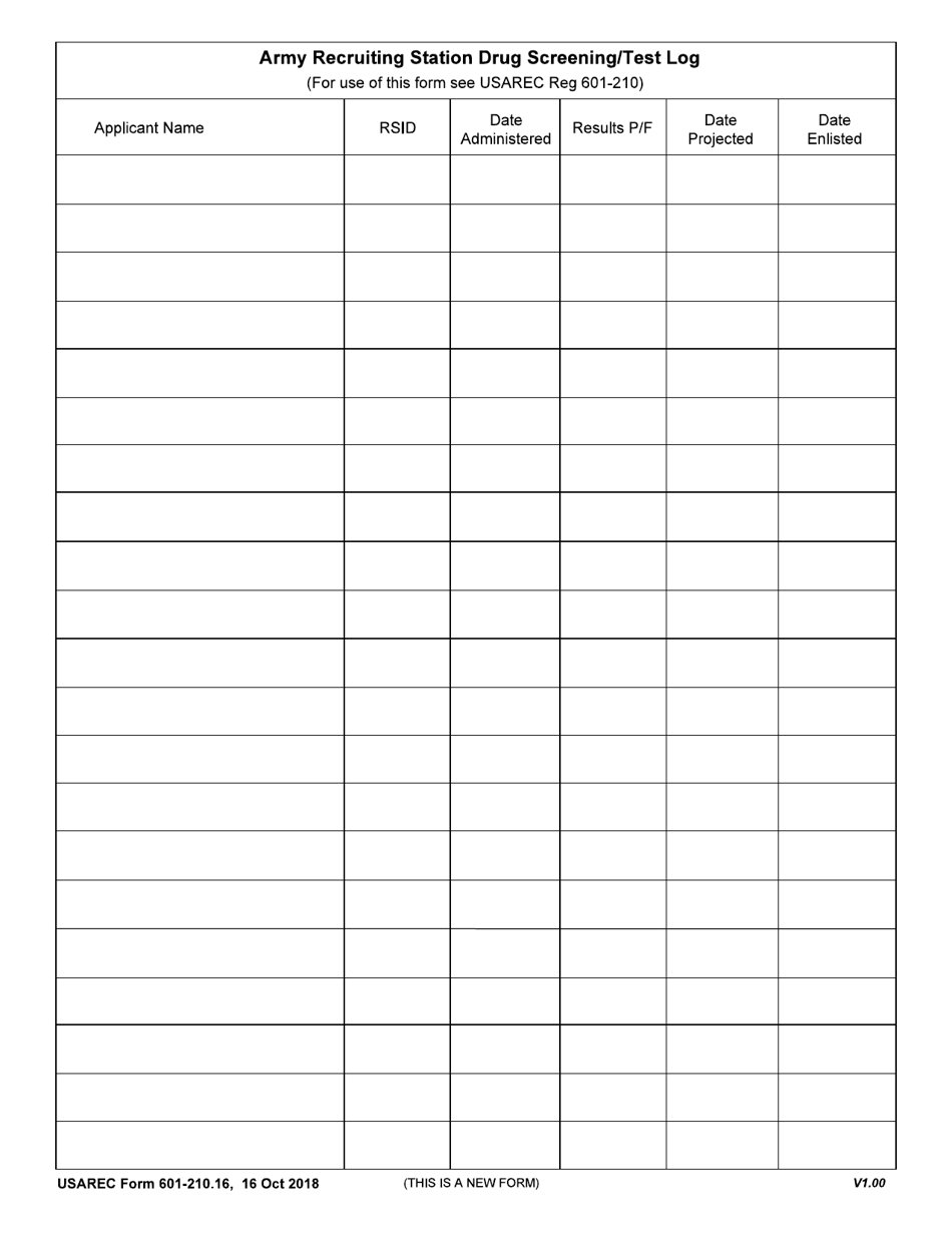 USAREC Form 601-210.16 Army Recruiting Station Drug Screening / Test Log, Page 1