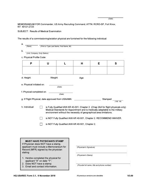 HQ USAREC Form 3.1 Cover Sheet (Results of Medical Examination)