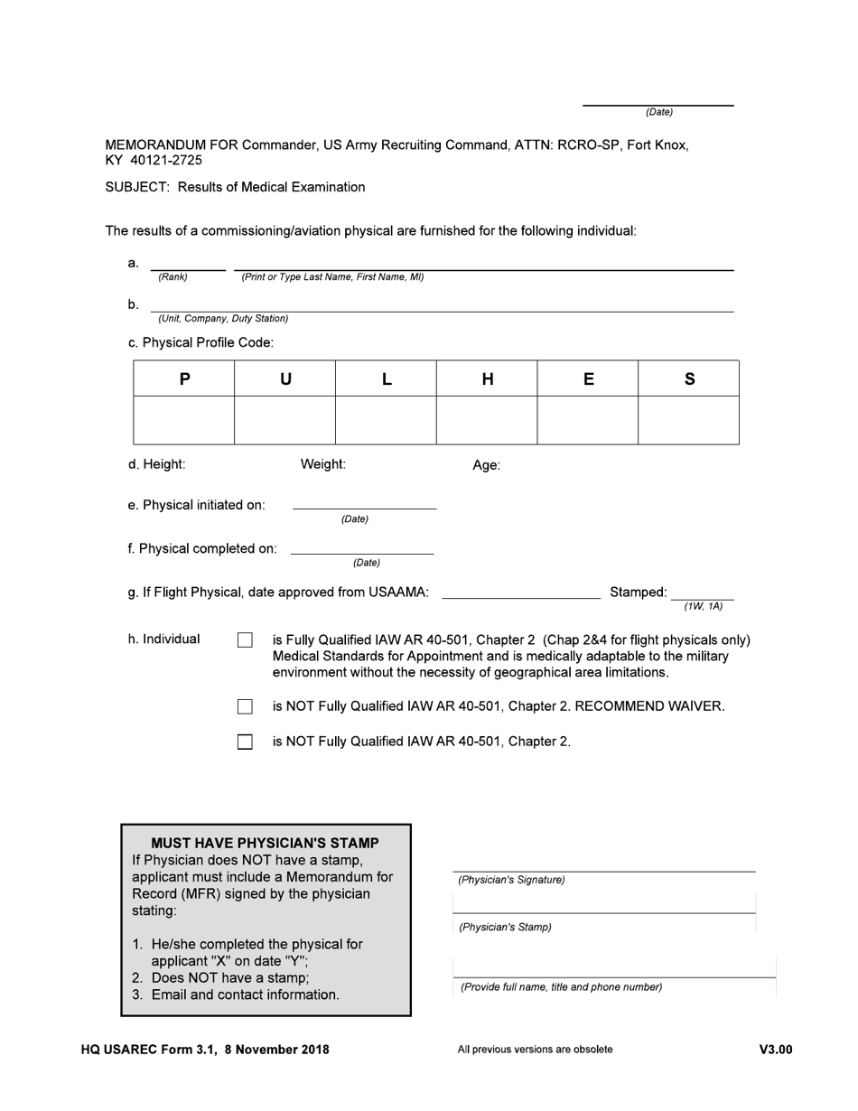 HQ USAREC Form 3.1 Cover Sheet (Results of Medical Examination), Page 1