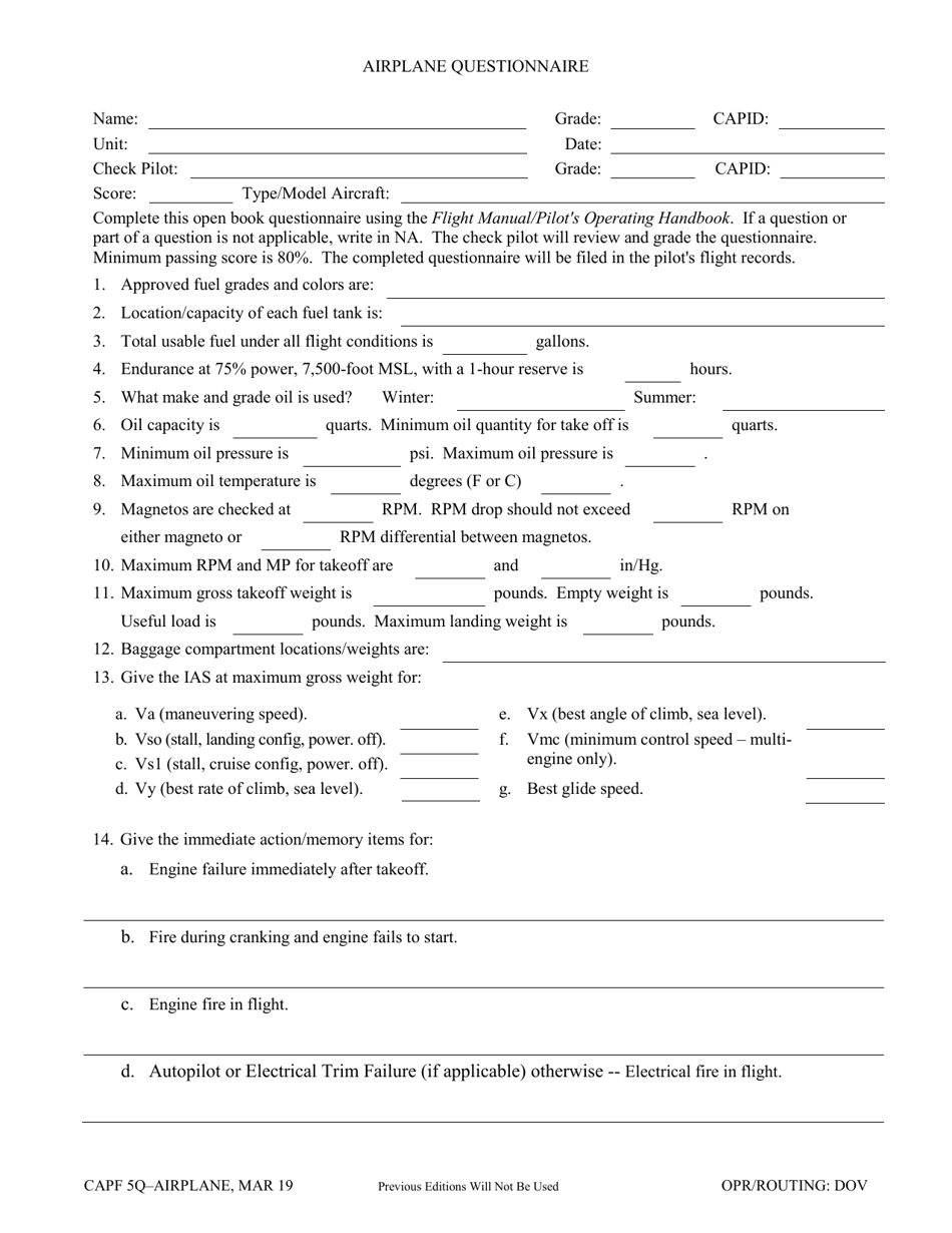 CAP Form 5Q-AIRPLANE Airplane Questionnaire, Page 1