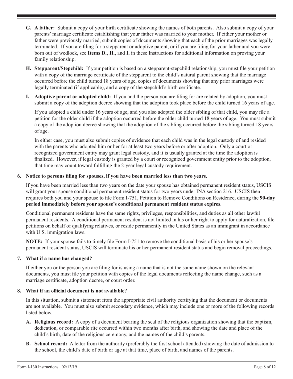 Instructions for USCIS Form I-130 Petition for Alien Relative, and Form I-130a - Supplemental Information for Spouse Beneficiary, Page 8