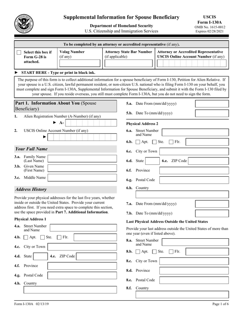 USCIS Form I-130A  Printable Pdf