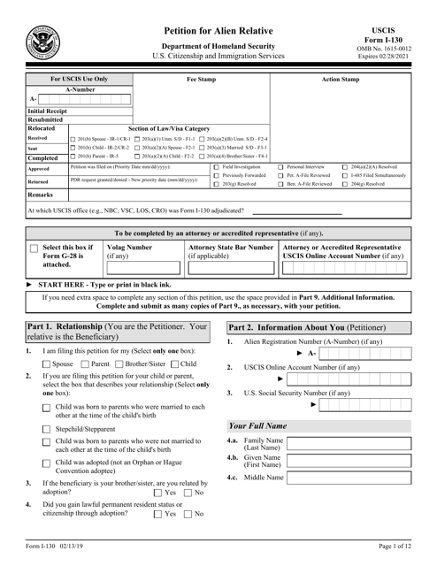 USCIS Form I-130  Printable Pdf