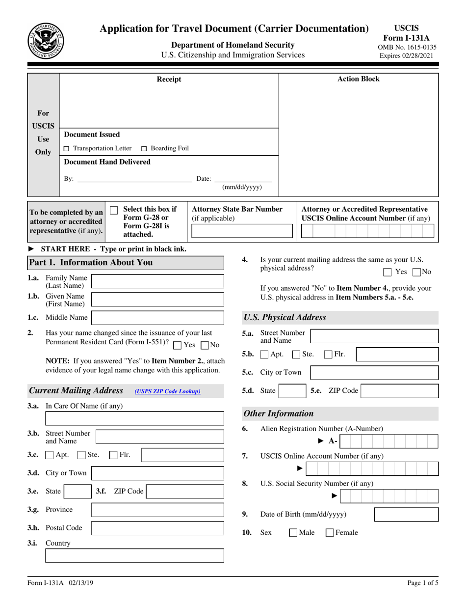 USCIS Form I-131A Application for Travel Document (Carrier Documentation), Page 1