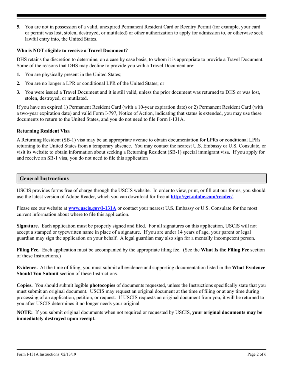 Download Instructions For Uscis Form I 131a Application For Travel