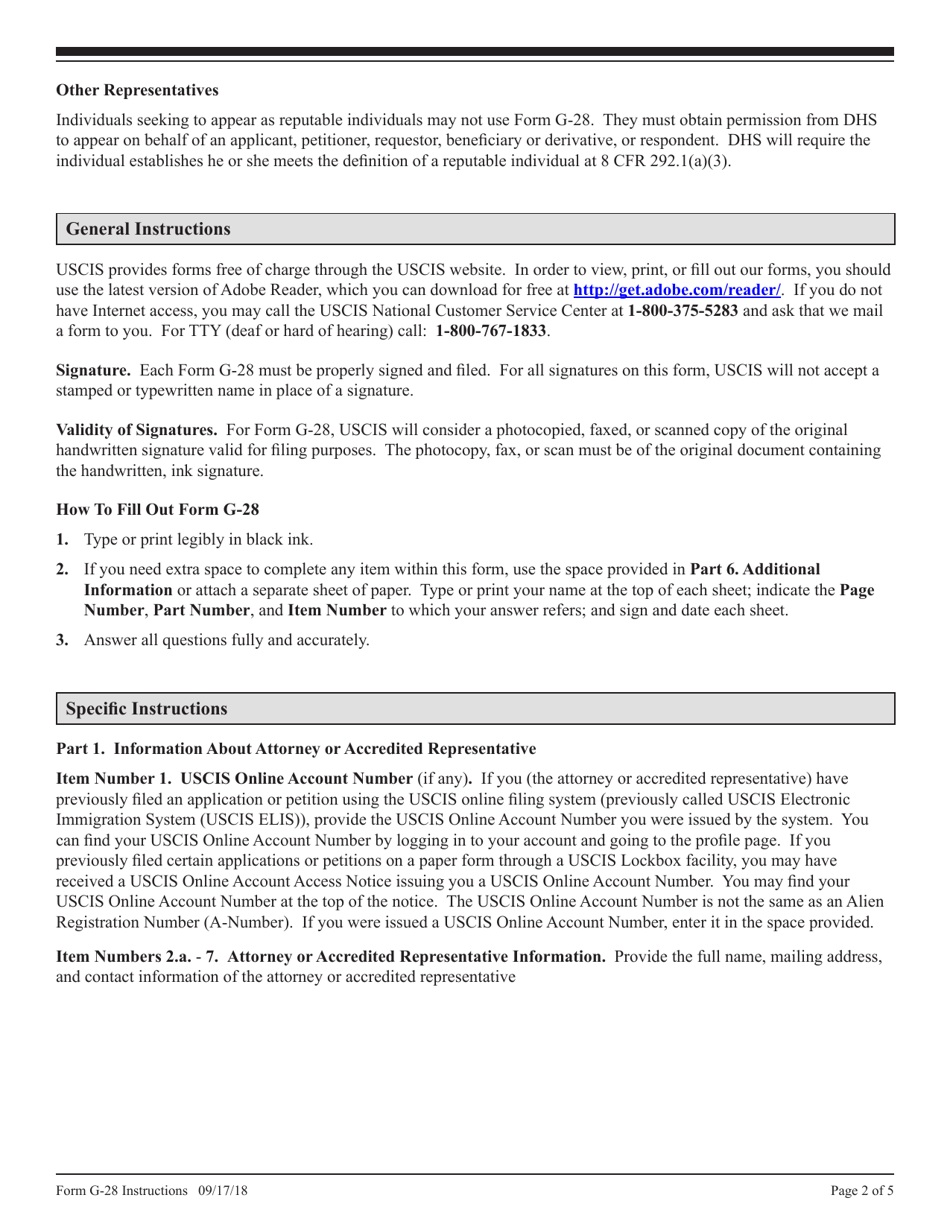 Instructions for DHS Form G-28 Notice of Entry of Appearance as Attorney or Accredited Representative, Page 2