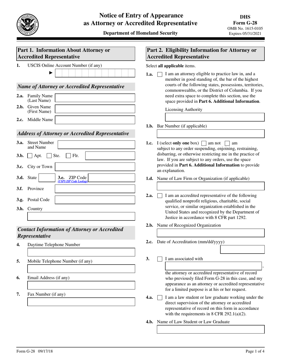 DHS Form G-28 Notice of Entry of Appearance as Attorney or Accredited Representative, Page 1