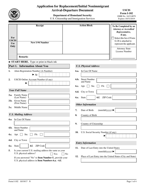 USCIS Form I 102 Download Fillable PDF Or Fill Online Application For 