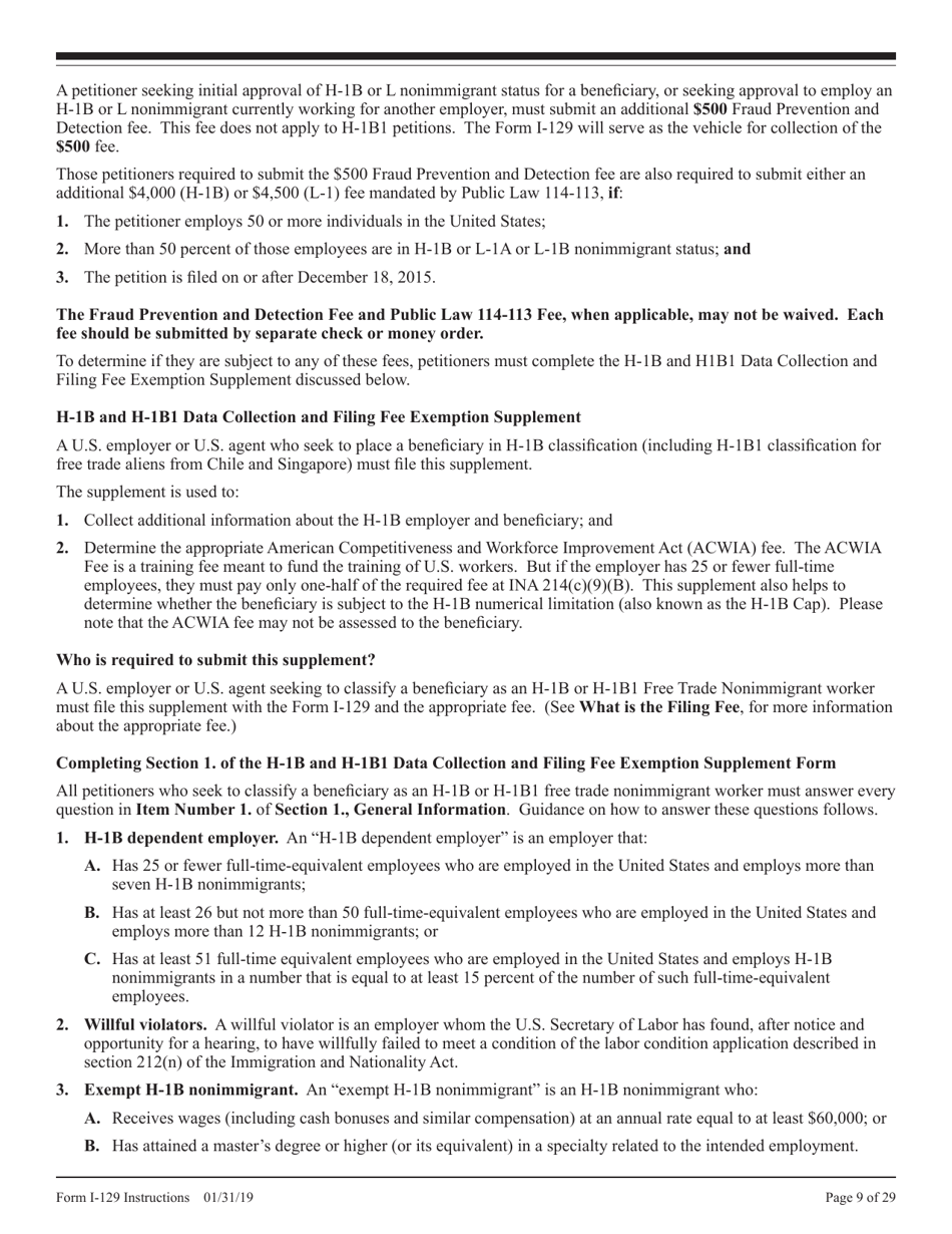 Instructions for USCIS Form I-129 Petition for Nonimmigrant Worker, Page 9
