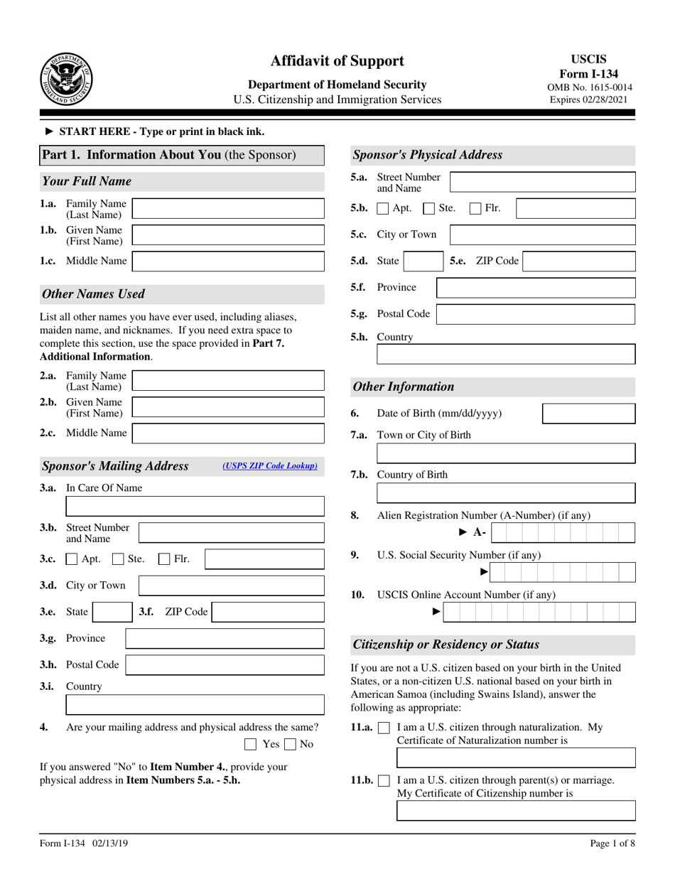 USCIS Form I-134 Affidavit of Support, Page 1