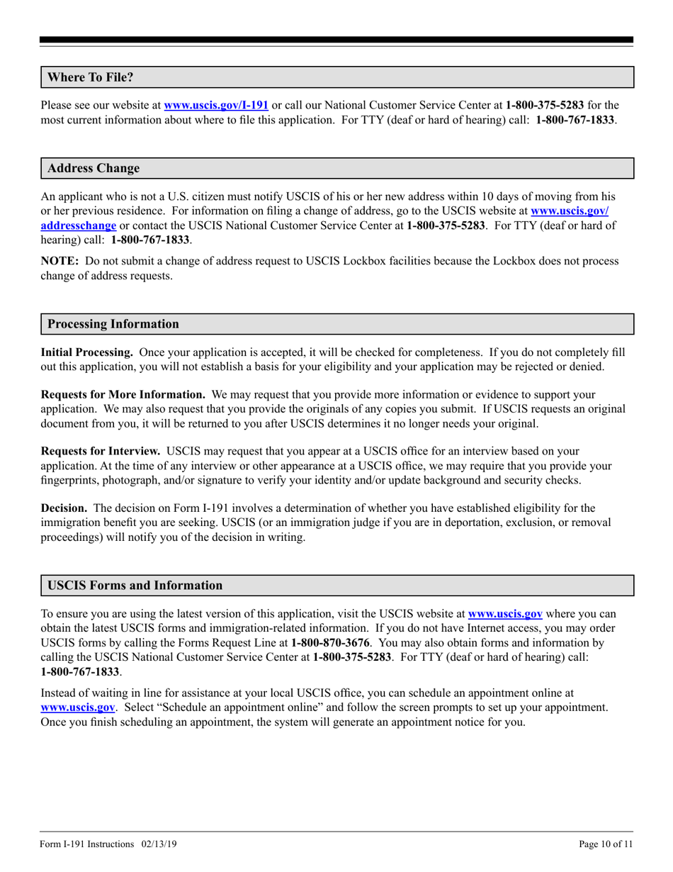 Instructions for USCIS Form I-191 Application for Relief Under Former Section 212(C) of the Immigration and Nationality Act (Ina), Page 10