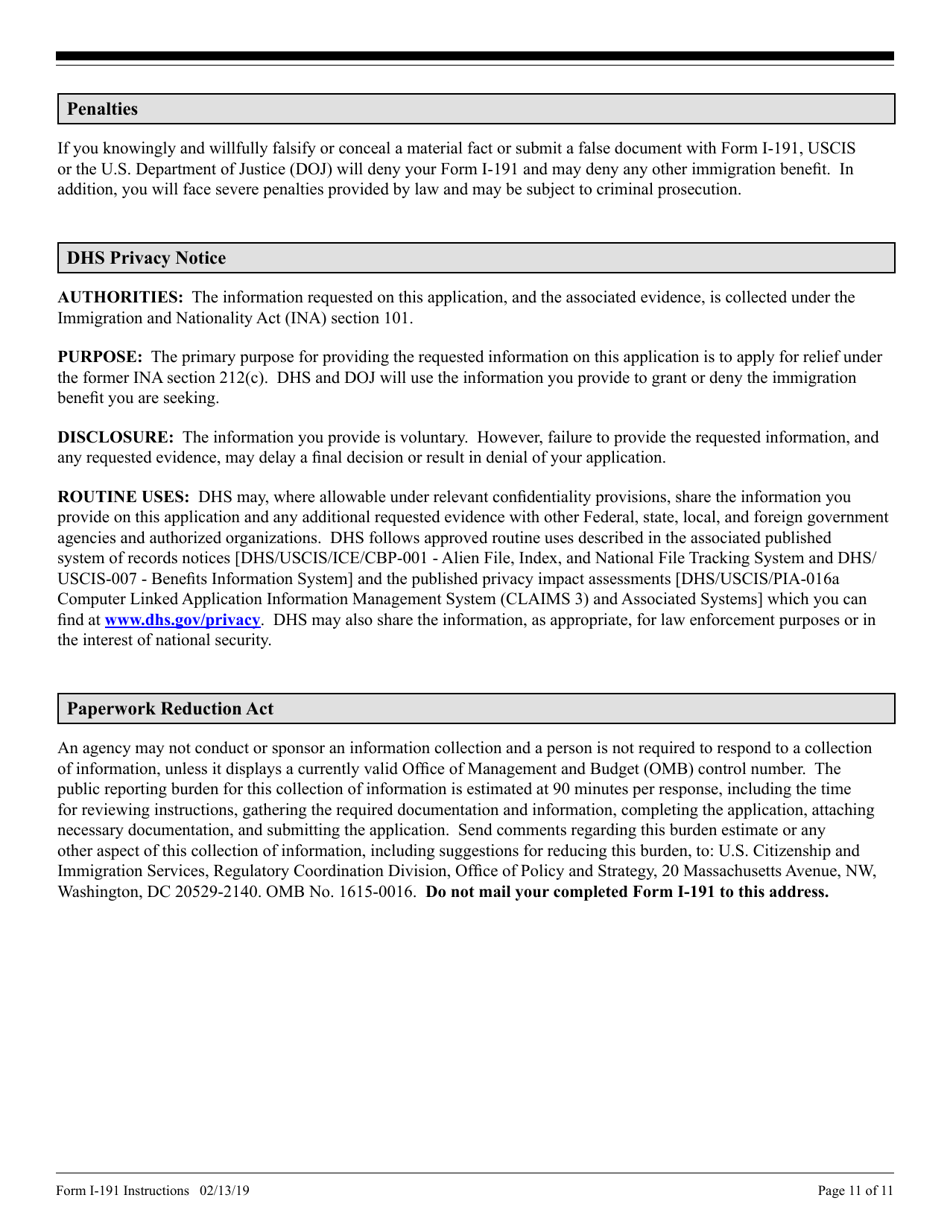 Instructions for USCIS Form I-191 Application for Relief Under Former Section 212(C) of the Immigration and Nationality Act (Ina), Page 11
