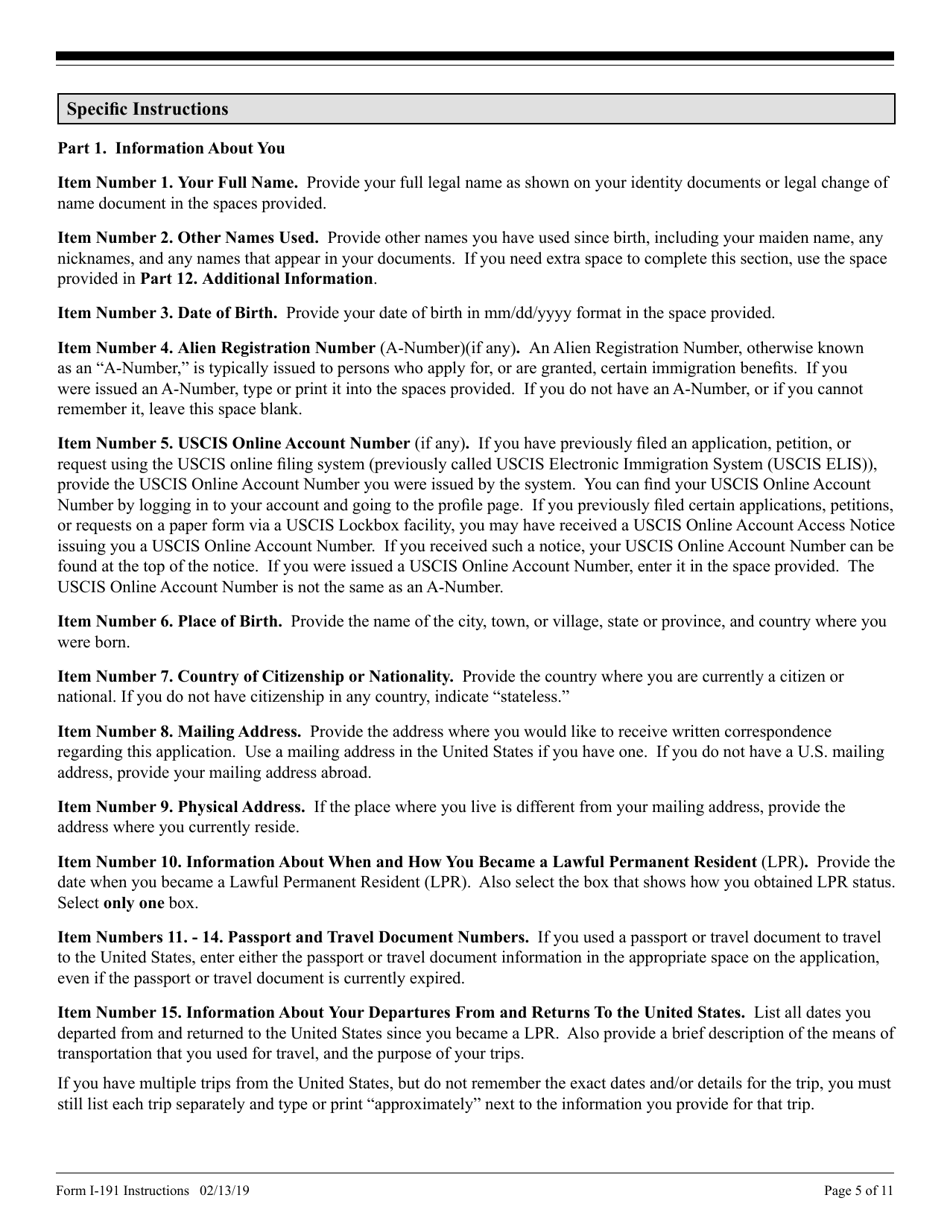 Instructions for USCIS Form I-191 Application for Relief Under Former Section 212(C) of the Immigration and Nationality Act (Ina), Page 5