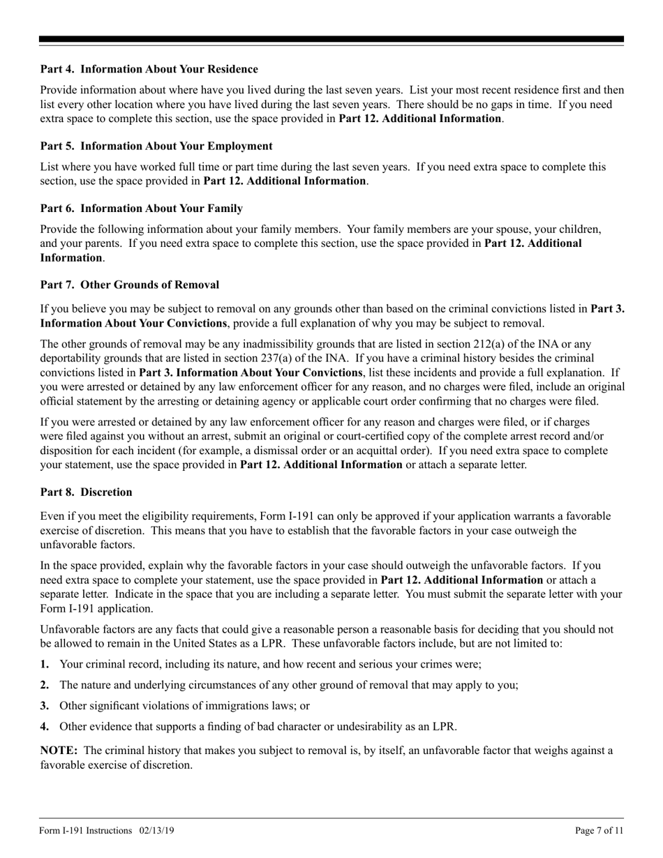 Instructions for USCIS Form I-191 Application for Relief Under Former Section 212(C) of the Immigration and Nationality Act (Ina), Page 7