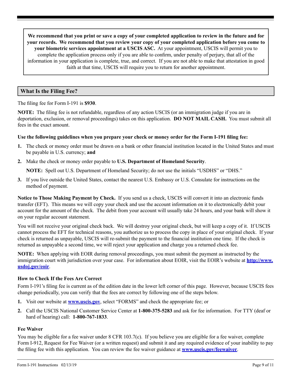 Instructions for USCIS Form I-191 Application for Relief Under Former Section 212(C) of the Immigration and Nationality Act (Ina), Page 9