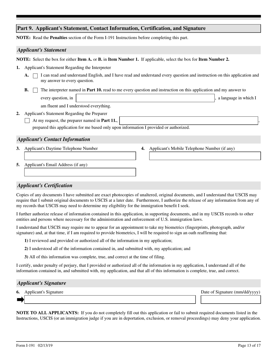 USCIS Form I-191 Application for Relief Under Former Section 212(C) of the Immigration and Nationality Act (Ina), Page 13