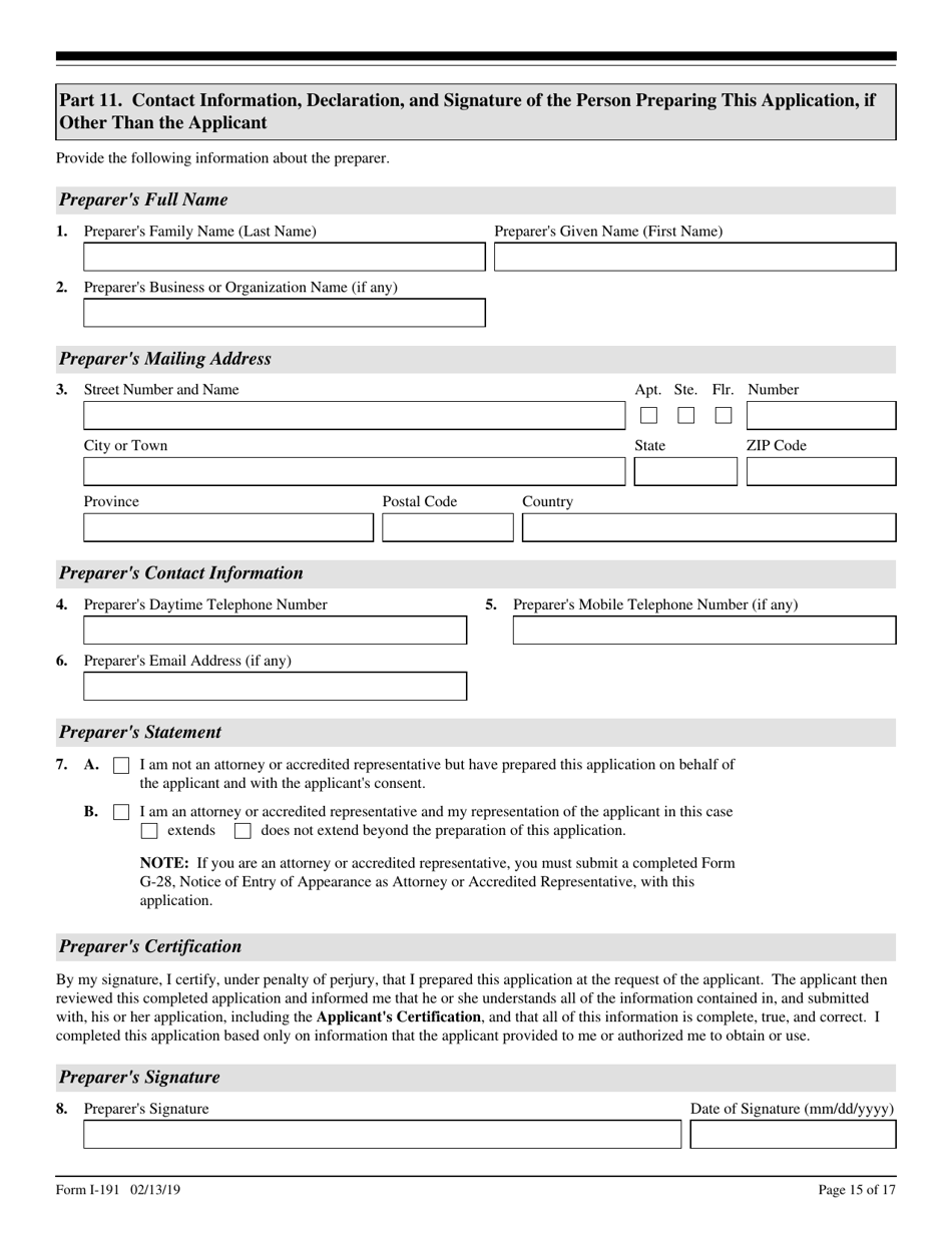 USCIS Form I-191 Application for Relief Under Former Section 212(C) of the Immigration and Nationality Act (Ina), Page 15